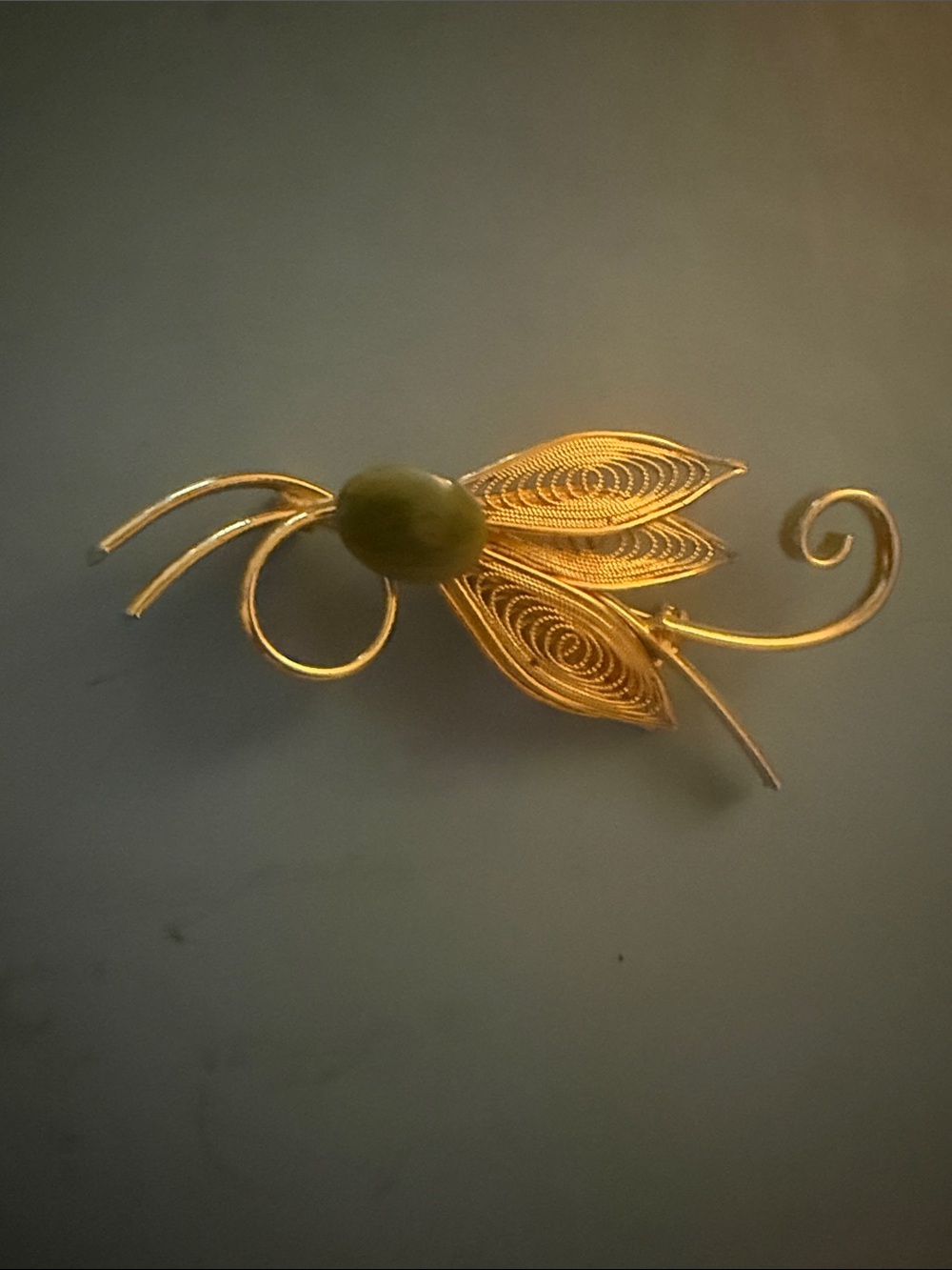 Gold Filigree Leaf Brooch with Olive Green Stone